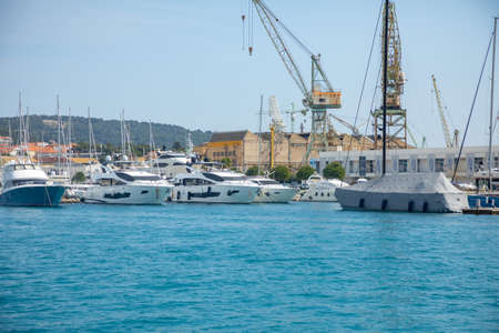 Trogir, Croatia - 27.03.2021: View from water of port and marina in Trogir, Croatia