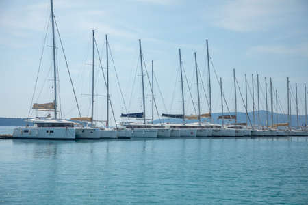 Trogir, Croatia - 27.03.2021: View from water of port and marina in Trogir, Croatia