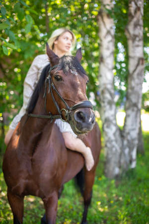 A young rider woman blonde with long hair in a dress posing with brown horse in forest next to farmの写真素材