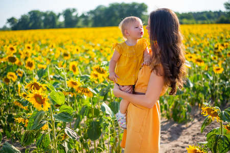 Happy mother and her little daughter in the sunflower fieldの写真素材