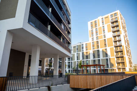 Prague, Czech Republic - 04.09.2021: New apartment houses around Vackov in Zizkov district. Luxury...