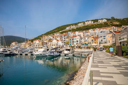 Lustica bay, Montenegro - October 1, 2021: Architecture and luxury yachts in Lustica Bay, Montenegroのeditorial素材