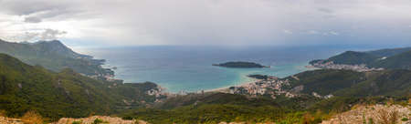 Summer Budva riviera coastline panorama landscape in Montenegro. View from the top of the mountain...
