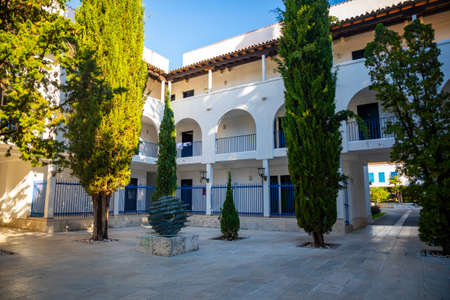 Budva, Montenegro - September 26, 2021: Empty streets of hotel complex Slovenska Plaza with white...