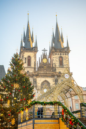 Prague, Czech republic - 22.12.2021: Christmas tree and decorations in the Old Town Square in Prague, Czech republicのeditorial素材