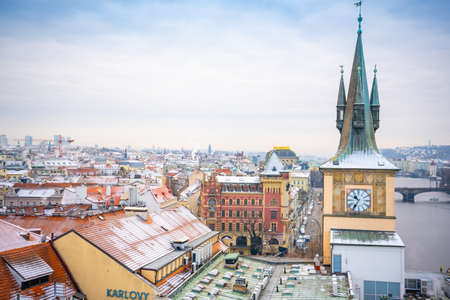 Prague, Czech Republic - December 26, 2021: Panorama of Prague roofs covered with snow in winter, Czech Republicのeditorial素材