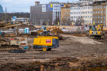 Prague, Czech republic - January 1, 2022: Big area under construction site with building machines, building project in Zizkov district of Prague, Czech republicのeditorial素材