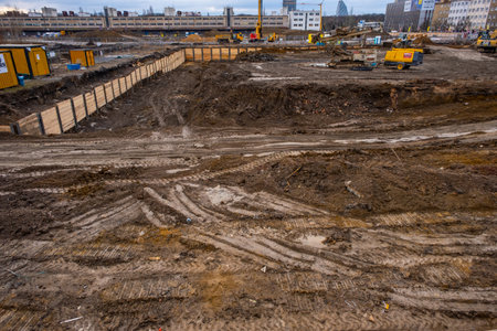 Prague, Czech republic - January 1, 2022: Big area under construction site with building machines, building project in Zizkov district of Prague, Czech republicのeditorial素材