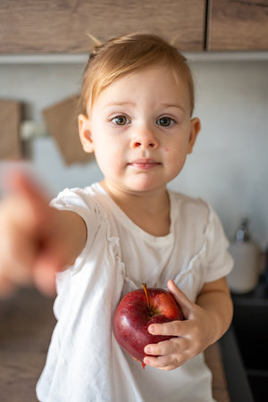 Baby girl blonde eating an apple in the kitchen, concept of healthy food for childrenの写真素材