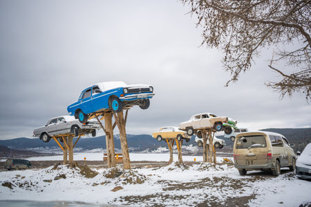 Altai, Russia - May 8, 2022: Monuments to russian retro cars - privet museum in open air in Altay...