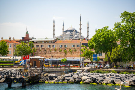 Istanbul, Turkey - May 29, 2022: Scenic view of The Sultanahmet Mosque or Blue Mosque in old town from the Bosporus in Istanbul, Turkey.のeditorial素材