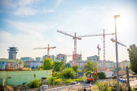 Prague, Czech republic - August 30, 2022: Big area under construction site with building machines, building project in Zizkov district of Prague, Czech republic. High quality photoのeditorial素材