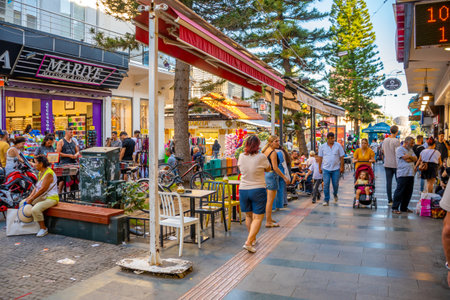 Antalya, Turkey - September 10, 2022: People walking down a popular pedestrian shopping street in central part of Antalya, Turkeyのeditorial素材