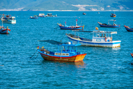 Nha Trang, Vietnam - August 26, 2022: Many fishing boats in the South China sea of Nha Trang Vietnam. High quality photoのeditorial素材