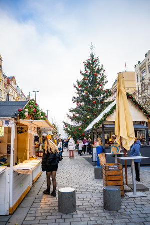 Prague, Czech Republic - November 28, 2022: Traditional Christmas Market at Vaclavske namesti or Wenceslas Square in Old Town of Prague, Czech Republic. High quality photoのeditorial素材