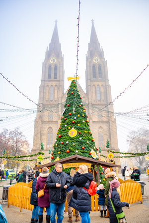 Prague, Czech Republic - November 28, 2022: Traditional Christmas Market at Namesti Miru or Peace Square near the Church of Saint Ludmila in Prague, Czech Republic. High quality photoのeditorial素材