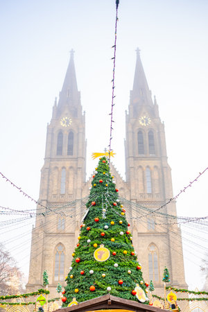 Prague, Czech Republic - November 28, 2022: Traditional Christmas Market at Namesti Miru or Peace Square near the Church of Saint Ludmila in Prague, Czech Republic. High quality photoのeditorial素材