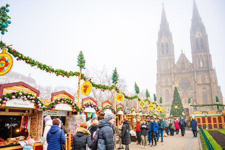 Prague, Czech Republic - November 28, 2022: Traditional Christmas Market at Namesti Miru or Peace Square near the Church of Saint Ludmila in Prague, Czech Republic. High quality photoのeditorial素材