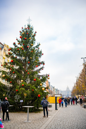 Prague, Czech Republic - November 28, 2022: Traditional Christmas Market at Vaclavske namesti or Wenceslas Square in Old Town of Prague, Czech Republic. High quality photoのeditorial素材