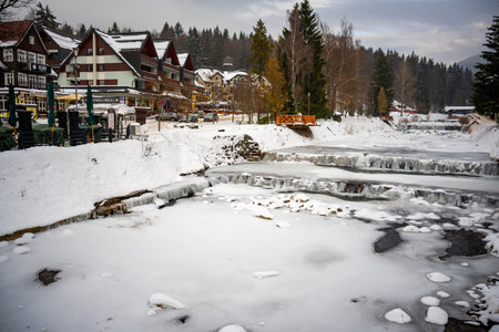 Spindleruv Mlyn, Czech republic - December 20, 2022: Architecture of Spindleruv Mlyn in winter. Mountain town near Hradec Kralove, Czech republic. High quality photoのeditorial素材