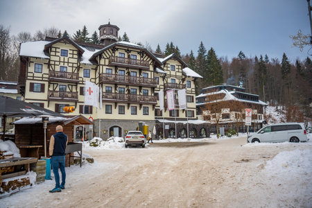 Spindleruv Mlyn, Czech republic - December 20, 2022: Architecture of Spindleruv Mlyn in winter. Mountain town near Hradec Kralove, Czech republic. High quality photoのeditorial素材