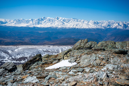View from a repeater on snowy tops of Altai mountains near Aktash town, Russia. High quality photo