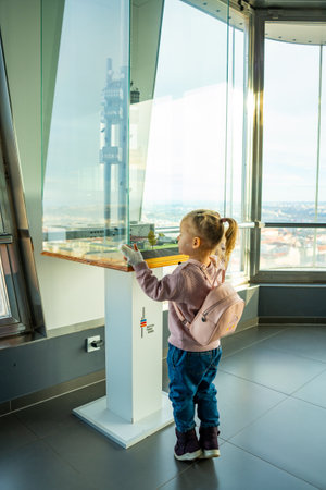 Prague, Czech Republic - February 5, 2023: Interior of panoramic floor of TV Zizkov tower in Prague, Czech Republic. High quality photoのeditorial素材