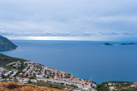 Majestic aerial panoramic view of the seaside resort town Kalkan in Turkey. High quality photoの写真素材