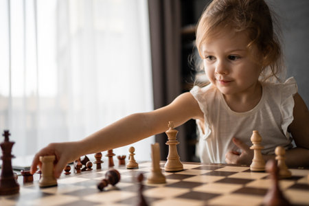 Little girl playing chess at the table in home kitchen. The concept early childhood development and education. Family leisure, communication and recreation. High quality photoの写真素材