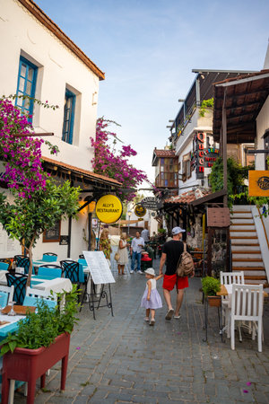 Kas, Turkey - June 7, 2023 : People on old street in the Kas Town. Kas Town is populer tourist attraction in Turkey. High quality photoのeditorial素材