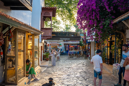 Kas, Turkey - June 7, 2023 : People on old street in the Kas Town. Kas Town is populer tourist attraction in Turkey. High quality photoのeditorial素材