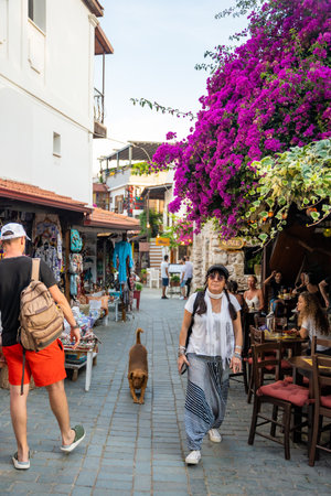 Kas, Turkey - June 7, 2023 : People on old street in the Kas Town. Kas Town is populer tourist attraction in Turkey. High quality photoのeditorial素材