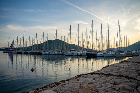 Kas, Turkey - June 7, 2023: View of many luxury boats and yachts in the harbor. Modern marina in Kas, Turkey. High quality photoのeditorial素材