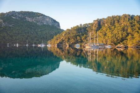 Gocek, Turkey - June 5, 2023: Beautiful sea coast near Cleopatra Bath Bay, Gocek, Fethie, Turkey. Landscape with moor yachts, clear blue water and pine trees in the morning. High quality photoのeditorial素材