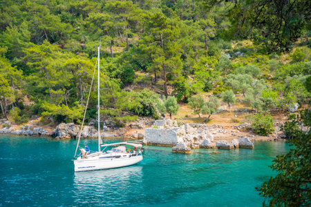 Fethie, Turkey - June 4, 2023: Beautiful sea coast Cleopatra Bath Bay near Fethie, Turkey. Summer landscape with moor yachts, clear blue water and pine trees. High quality photoのeditorial素材