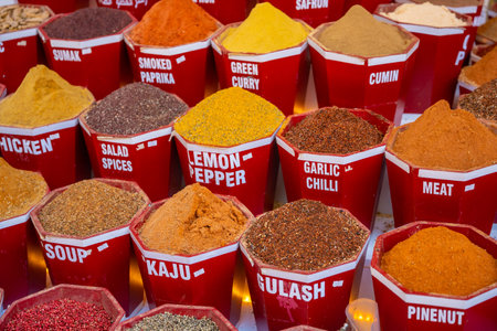 Various colorful spices at Fethiye market, Turkey. High quality photoの写真素材
