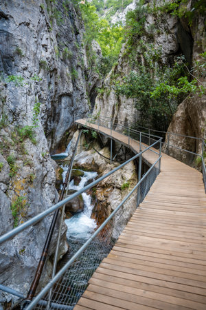 Sapadere canyon with wooden paths and cascades of waterfalls in the Taurus mountains near Alanya, Turkey. high quality photoの写真素材