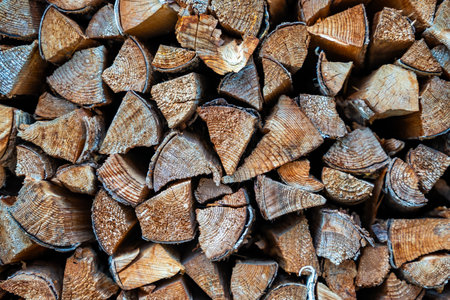 Background of stacked chopped wood logs. Pile of wood logs ready for winter. Wooden stumps, firewood...