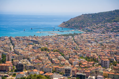 Alanya, Turkey - July 18, 2023: Panorama view of Alanya city from the hill in sunny day, Turkey. High quality photoのeditorial素材