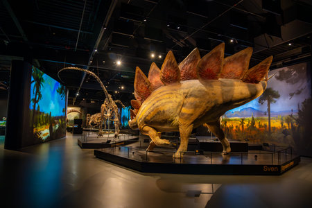 Prague, Czech Republic - August 23, 2023: Dinosaur skeletons and models in Dinosaur Museum in Prague. High quality photoのeditorial素材
