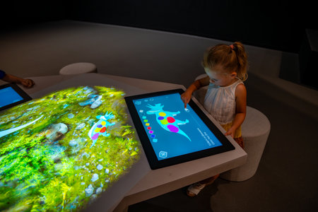 Prague, Czech Republic - August 23, 2023: Interactive screen with educational information in...