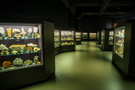 Prague, Czech Republic - August 23, 2023: Collection of minerals in Dinosaur Museum in Prague. High quality photoのeditorial素材