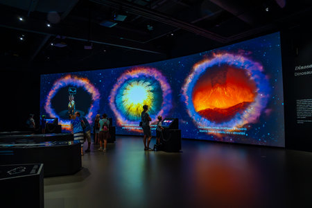 Prague, Czech Republic - August 23, 2023: Interactive screen with educational information in Dinosaur Museum in Prague. High quality photoのeditorial素材