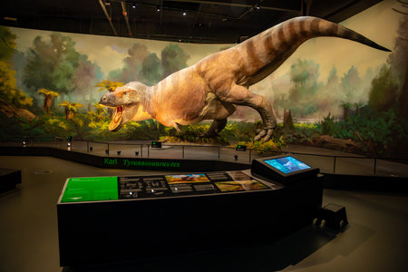 Prague, Czech Republic - August 23, 2023: Dinosaur skeletons and models in Dinosaur Museum in Prague. High quality photoのeditorial素材