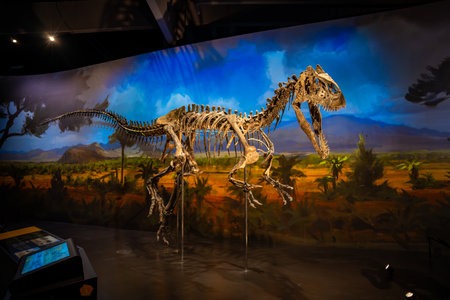 Prague, Czech Republic - August 23, 2023: Dinosaur skeletons and models in Dinosaur Museum in Prague. High quality photoのeditorial素材