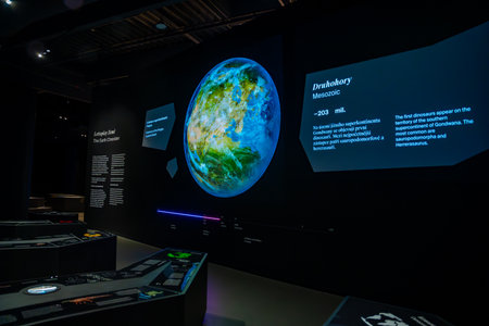 Prague, Czech Republic - August 23, 2023: Interactive screen with educational information in Dinosaur Museum in Prague. High quality photoのeditorial素材