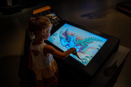 Prague, Czech Republic - August 23, 2023: Interactive screen with educational information in...