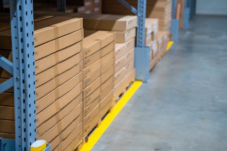 Long shelves with many cardboard boxes with product in warehouse of IKEA . High quality photo