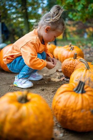 Cute little girl having fun with huge pumpkins on a pumpkin patch. Kid picking pumpkins at country farm on warm autumn day in Prague. Family time at Thanksgiving and Halloween. High quality photoの写真素材