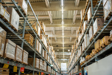 Prague, Czech republic - August 6, 2023: Long shelves with many cardboard boxes with product in...